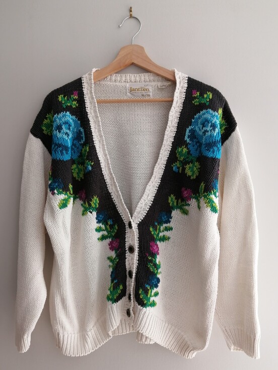Vintage Sweaters - Vintage 90s Jantzen Rose Floral Knit Button Cardigan Cream Colourblock XL